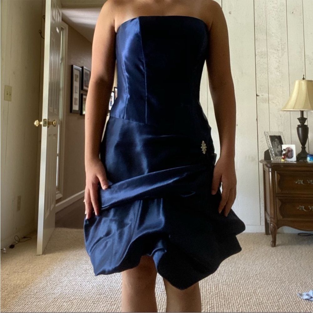 VTG 80s Jessica McClintock Satin Blue Strapless Bubble Mini Dress Sz 5